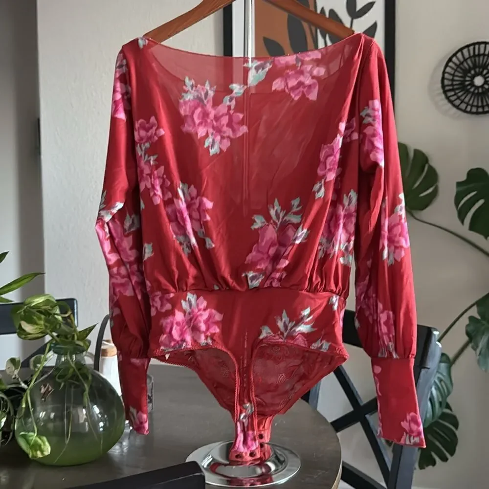 NWOT Free People Undercover Bodysuit XS Floral Thong Off Shoulder Long Sleeve